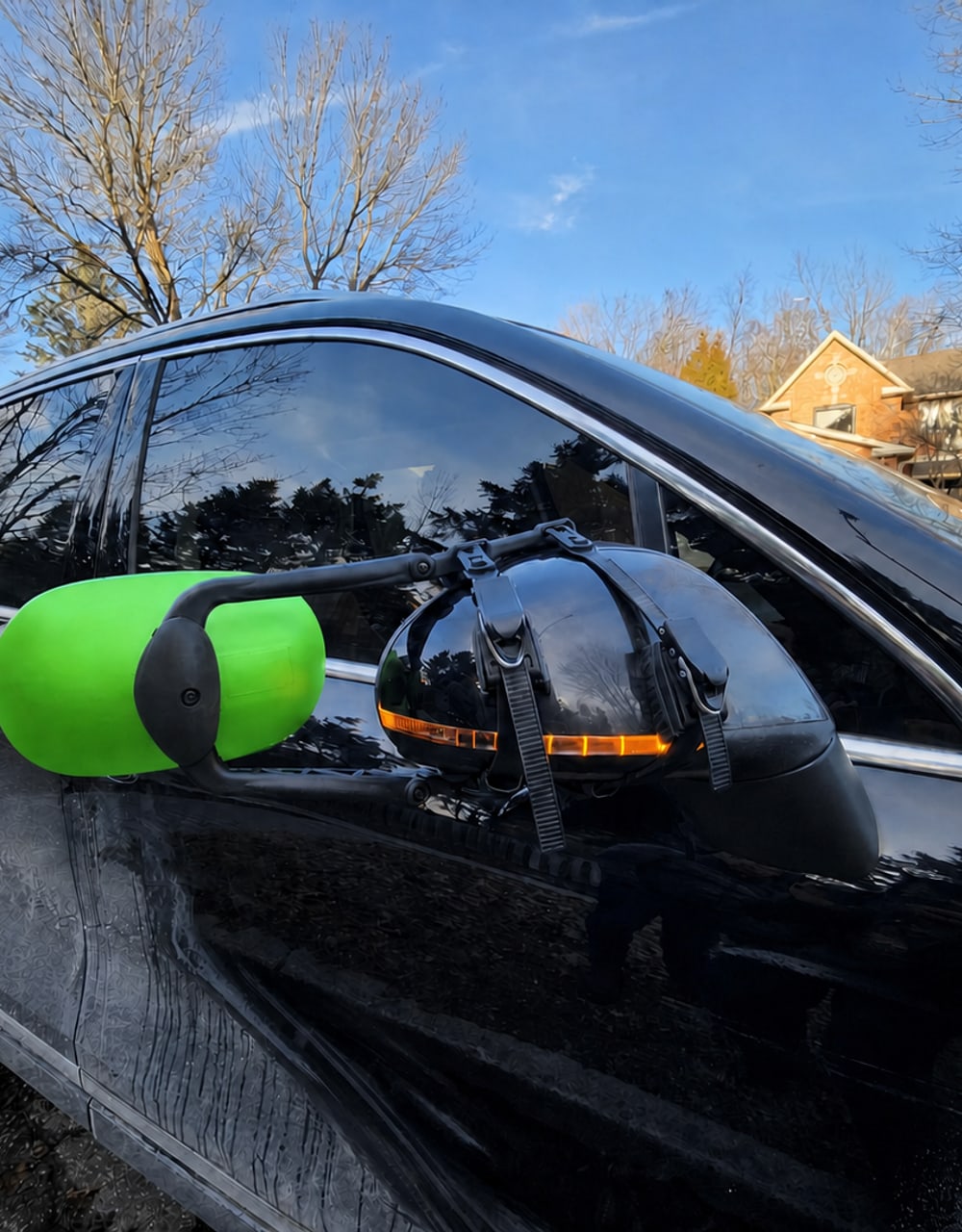 Fluorescent green MG91 towing mirror mounted on a vehicle